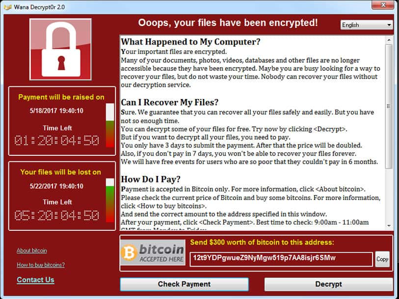  While ransomware attack screens vary in their look, they all include the same information and promises. This screenshot is of the Wannacry attack this spring. Note that it includes a promise to release the computer once a $300 ransom is paid in Bitcoin. In most cases, experts say, paying the ransom does not lead to the release of the computer. 