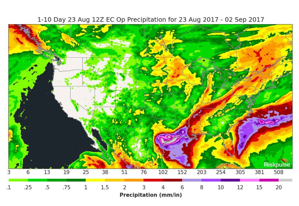  The rainfall potential for areas of Texas indicates 15 inches or more over the next several days. Some areas could see up to 40 inches at Hurricane Harvey stalls over the region.  (Image: Riskpulse)  