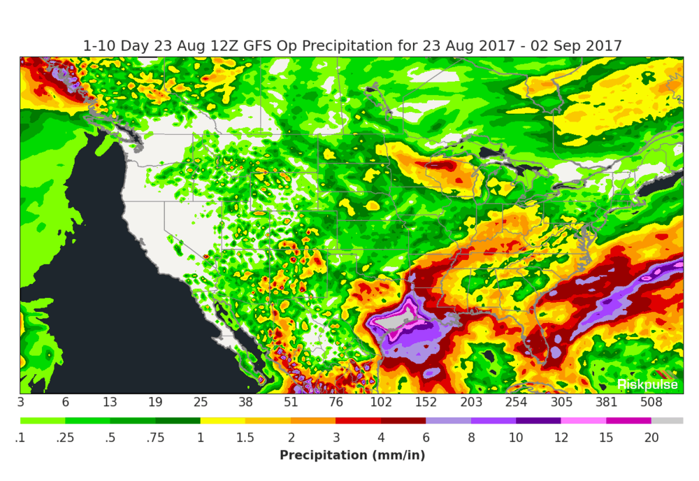  This is Riskpulse's 10-day rain forecast for the U.S. Some areas of Texas that are expected to be affected by Harvey could see close to 20 inches or rain. 