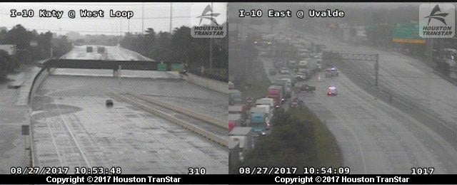 These images are from Texas traffic cameras in the Houston area as of Sunday morning. The image on the left is flooding under a bridge on I-10 in Katy, Texas, while the image on the right is traffic being diverted off I-10 due to flooding on the highway in Uvalde.
