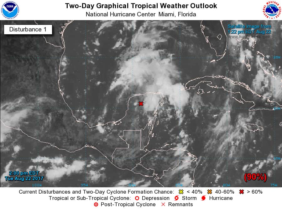 This National Hurricane Center map shows the remnants of Tropical Storm Harvey, which is expected to reform in the next 24- to 36-hours into a tropical depression over the Gulf of Mexico and potentially threaten the coast of Texas by the end of the week.