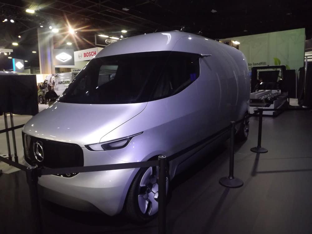  Mercedes-Benz showed its Vision electric van concept, which includes a drone on the roof to make deliveries and an innovative loading system. 