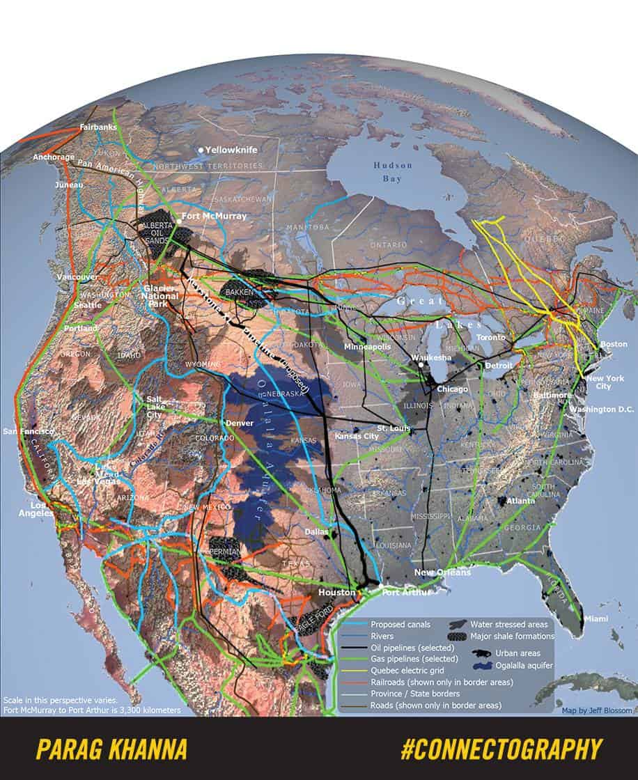  A map of North America's integrated infrastructure from Parag Khanna's  Connectography  (2016). 