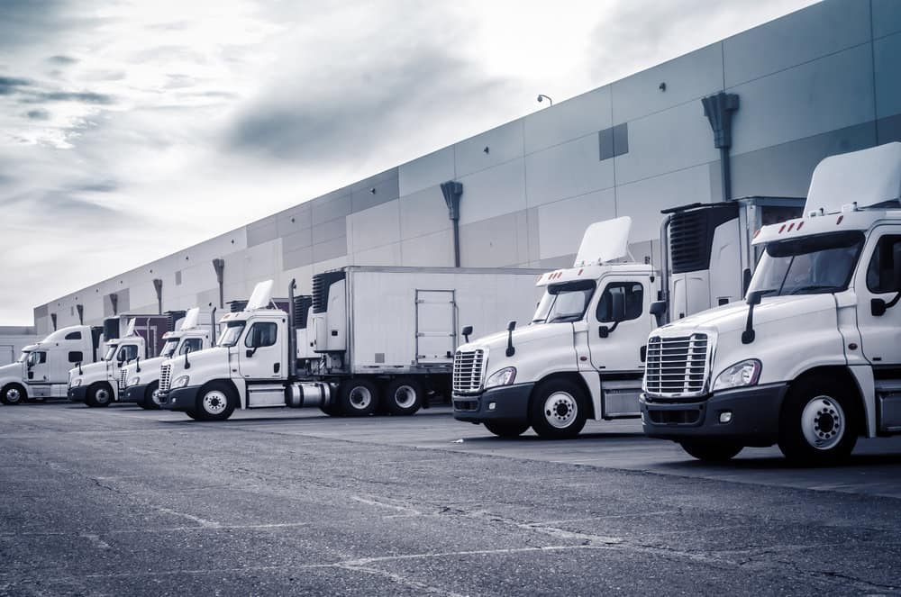 White trucks parked in a loading dock.