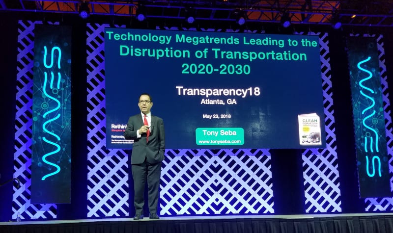 Tony Seba delivers his keynote address at the Transparency18 conference in Atlanta Wednesday.