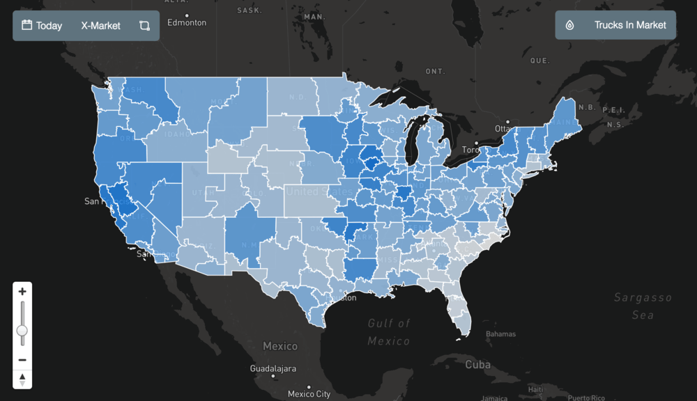  SONAR screenshot showing current trucks in market across the U.S. Blue areas represent higher-than-average numbers.  (Photo: FreightWaves)  