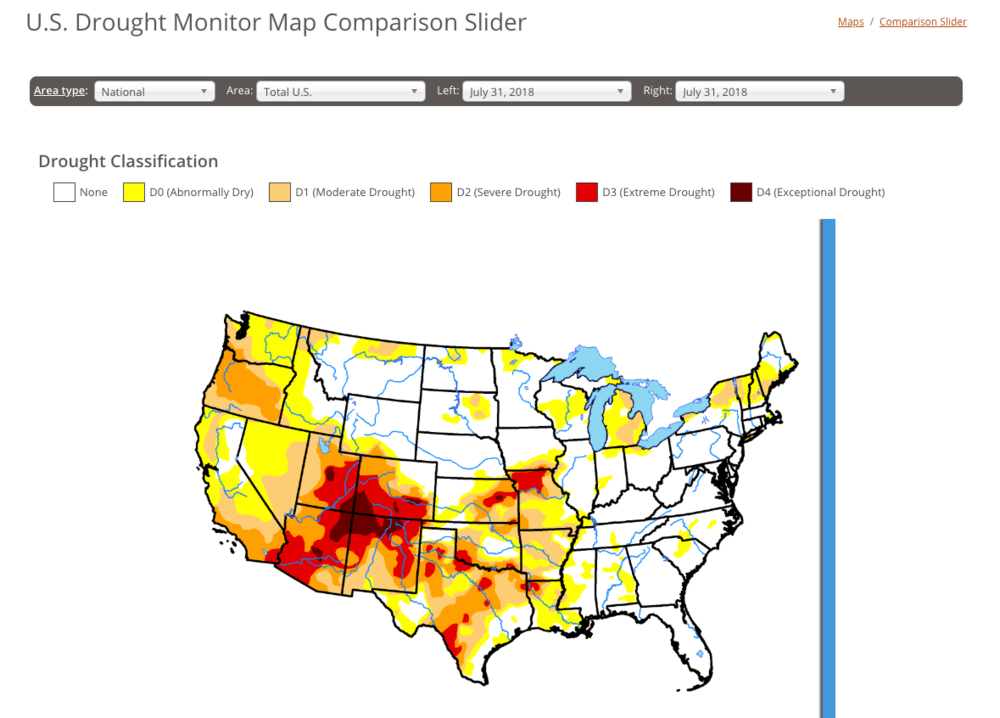 The drought monitor map indicates the scorching taking place in the west of the U.S. 