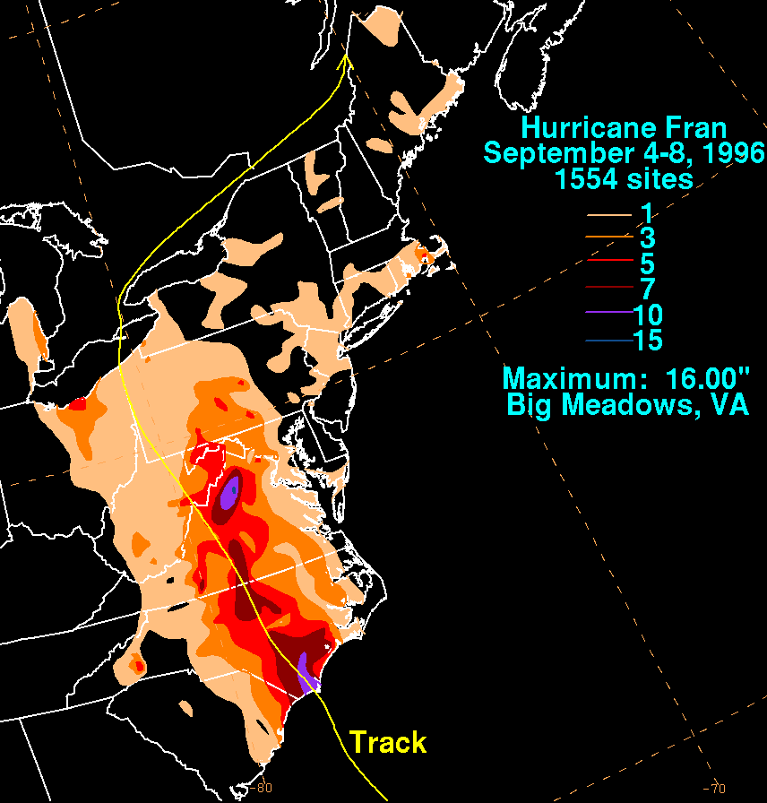  Source: Wikipedia. Map showing the flooding caused by Hurricane Fran  