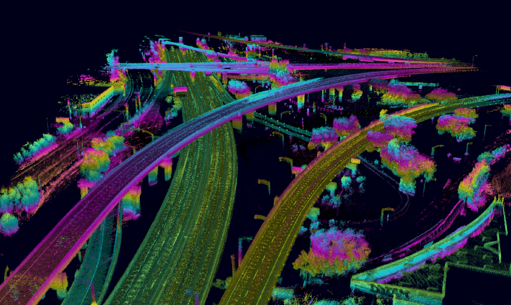  A visualization of lidar data—the primary technical formula for autonomous driving—from the Interstate 101-380 interchange south of San Francisco.  (Photo: Ike)  