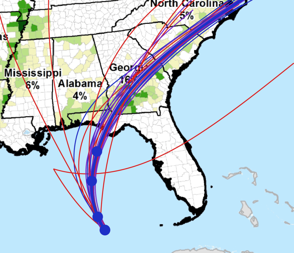  The current Hurricane Michael spaghetti model overlaid onto a map of US cotton production. ( Map: Cyclocane, FreightWaves ) 