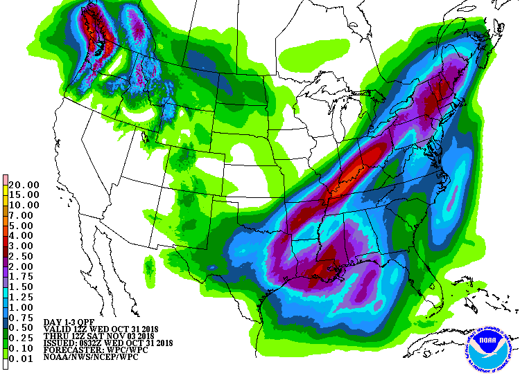 Rainfall forecast (inches) through Friday night. (Source: NOAA)