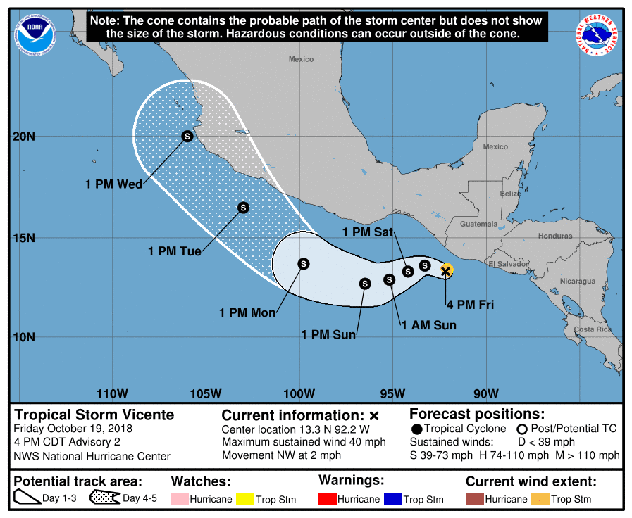  Potential track of Tropical Storm Vicente, as of 5 p.m. EDT on Friday, October 19, 2018.  (Source: NOAA)  