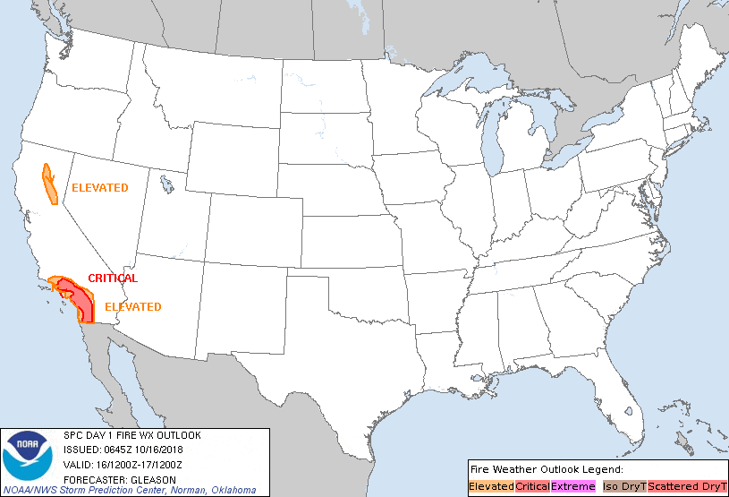  Fire risk outlook for Tuesday, October 16, 2018.  (Source: NOAA/NWS)  