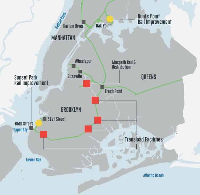  This map from FreightNYC shows the locations of projects where developers are sought at Sunset Park and Hunts Point, as well as possible points for transloading of additional rail traffic on to trucks. 