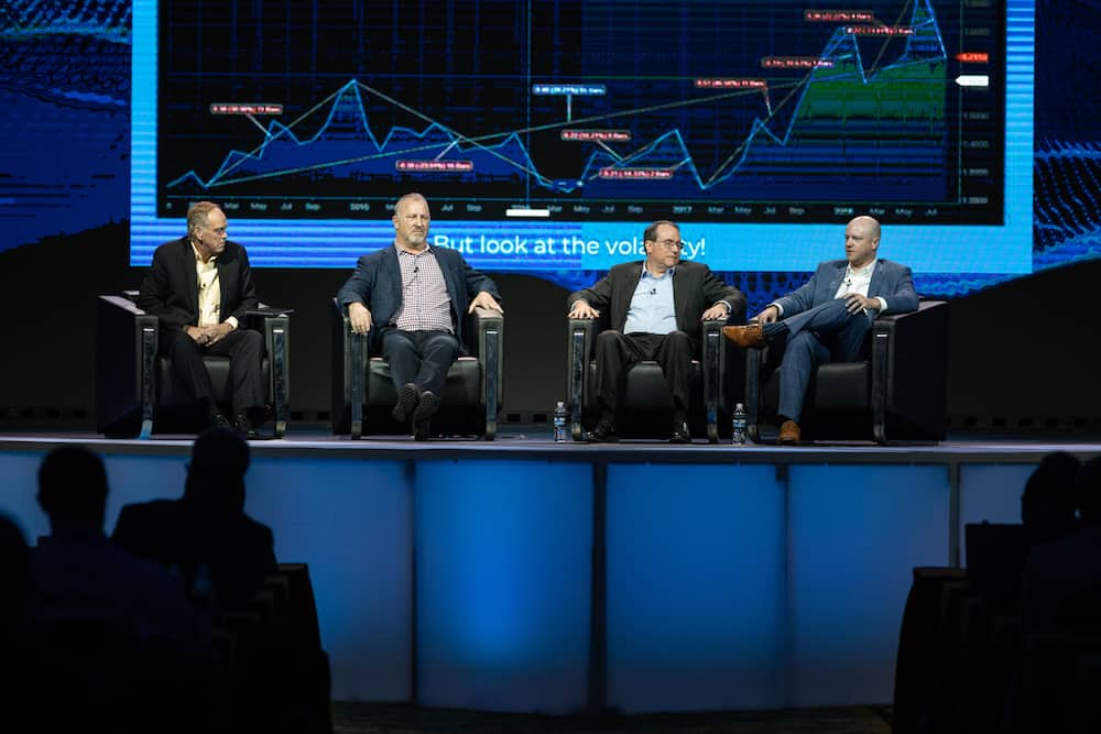  FreightWaves executive editor John Kingston, Echo CEO Doug Waggoner, Nodal Exchange chairman and CEO Paul Cusenza, and FreightWaves CEO Craig Fuller discuss Trucking Freight Futures at MarketWaves18 in Dallas, Texas. ( Photo: FreightWaves ) 