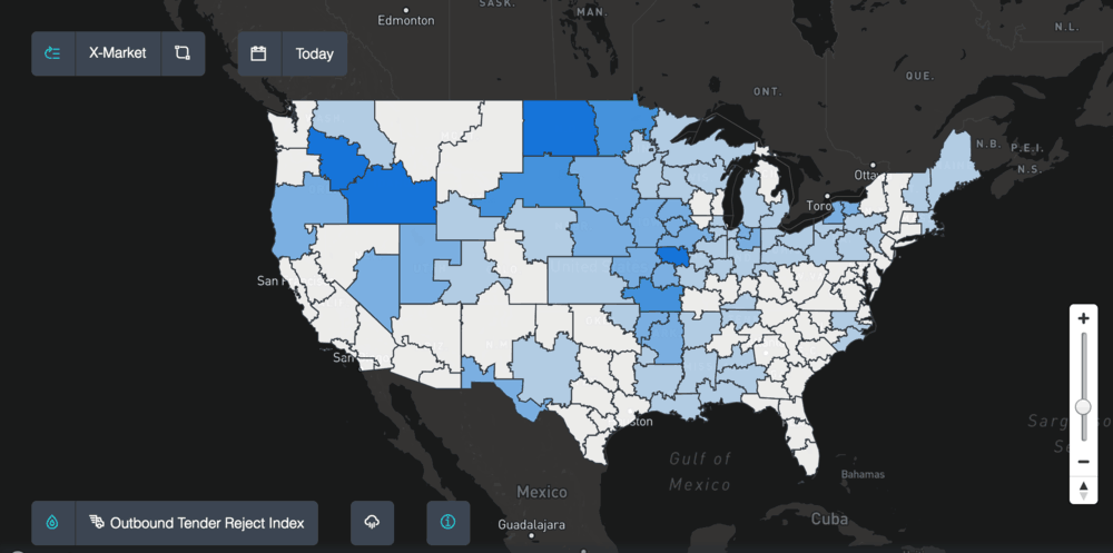  Tender rejections are high in the PNW and Midwest compared to the Southeast. ( Map: FreightWaves SONAR ) 