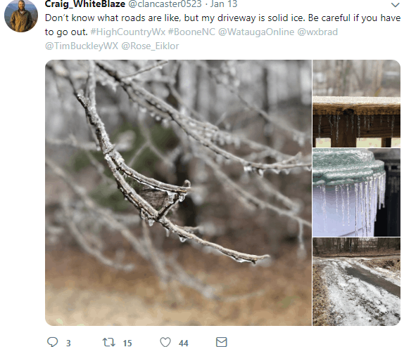  Ice build up in Boone, North Carolina on Sunday, January 13, 2019.  (Photo: @clancaster0523 on Twitter)  