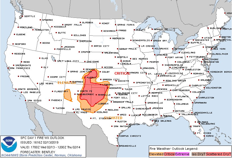  Fire Weather Outlook for Wednesday, February 13, 2019.  (Source: NOAA)  