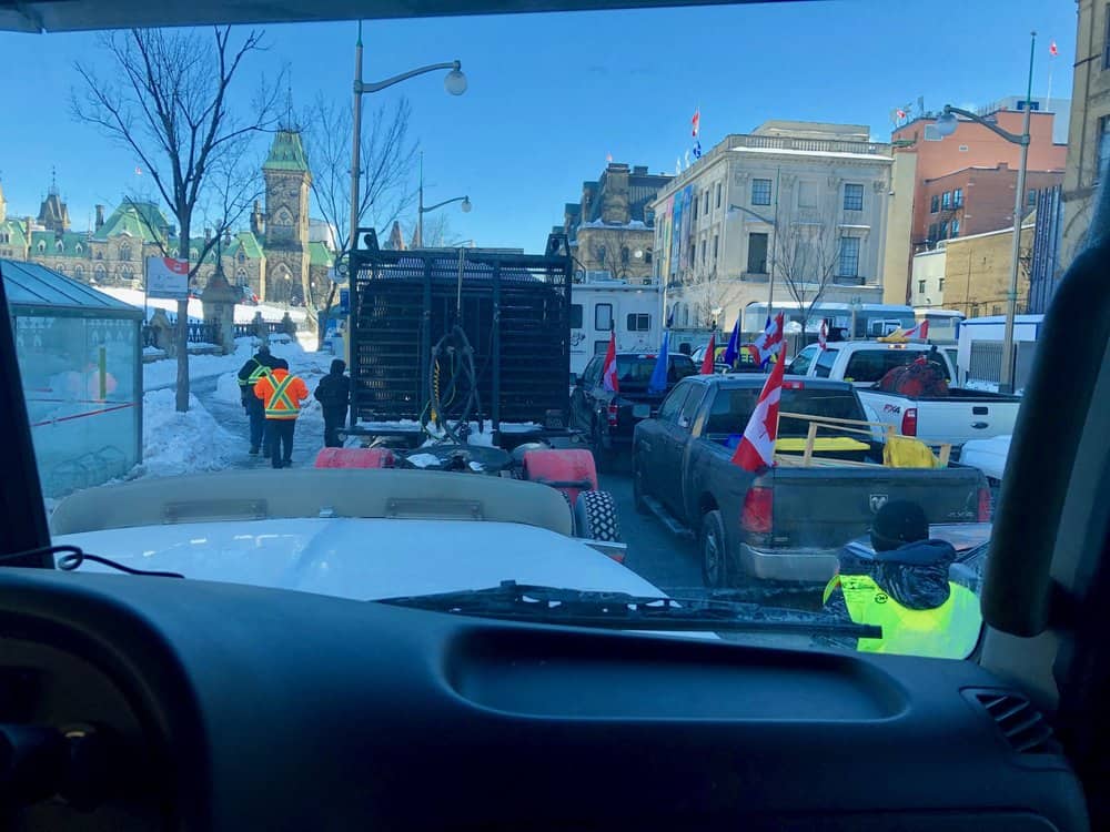 The view from husband’s truck as the protesting convoy assembled outside parliament in Ottawa.