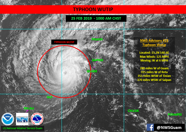  Position of Typhoon Wutip on February 25 at 10:00 a.m. Charmorro Standard Time (CHST), Eastern Standard Time (EST) plus 15 hours. 