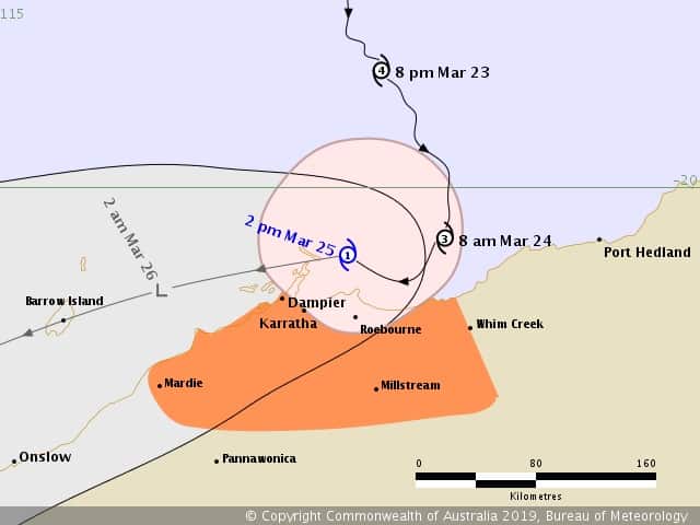  This track-map shows where Cyclone Veronica has been and where it’s about to go. At this point it looks like it will run over the port of Dampier albeit in a greatly weakened state. The danger is that it will move slowly and will soak the iron ore and salt stockpiles. Also in the cyclone’s path is the giant LNG export facility on Barrow Island.  Graphic: Bureau of Meteorology.  