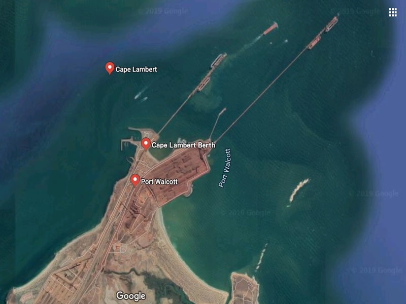  This image shows Port Walcott (also called Cape Lambert). It clearly shows a couple of iron ore stockpiles (bottom left and center) and the two jetties A & B. Note there is no protection for the jetties - no breakwaters, islands, peninsulas - nothing. Photo/graphic: Google Earth. 