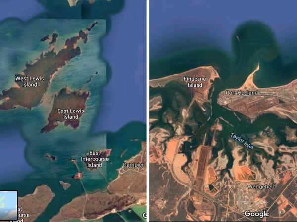  Damper (left) and Hedland (right) are much better protected from cyclones by their surrounding landscapes. Graphic: Google Earth / Jim Wilson 