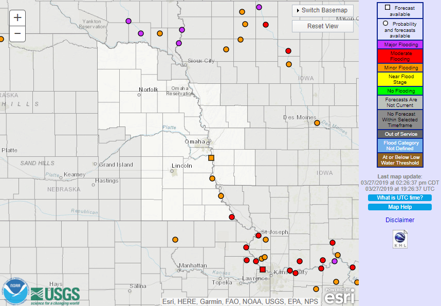  Gauges above flood stage in the NWS Omaha region as of March 27, 2019. (Source: NOAA) 