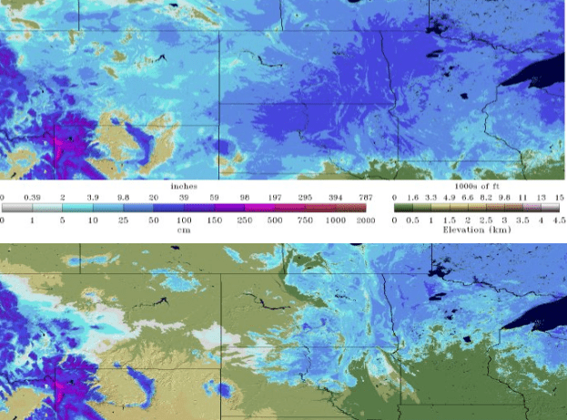  Snowpack on March 19, 2019 (top) compared to March 29, 2019 (bottom) shows a large amount of melting across the northern Great Plains.  (Source: NOAA)  