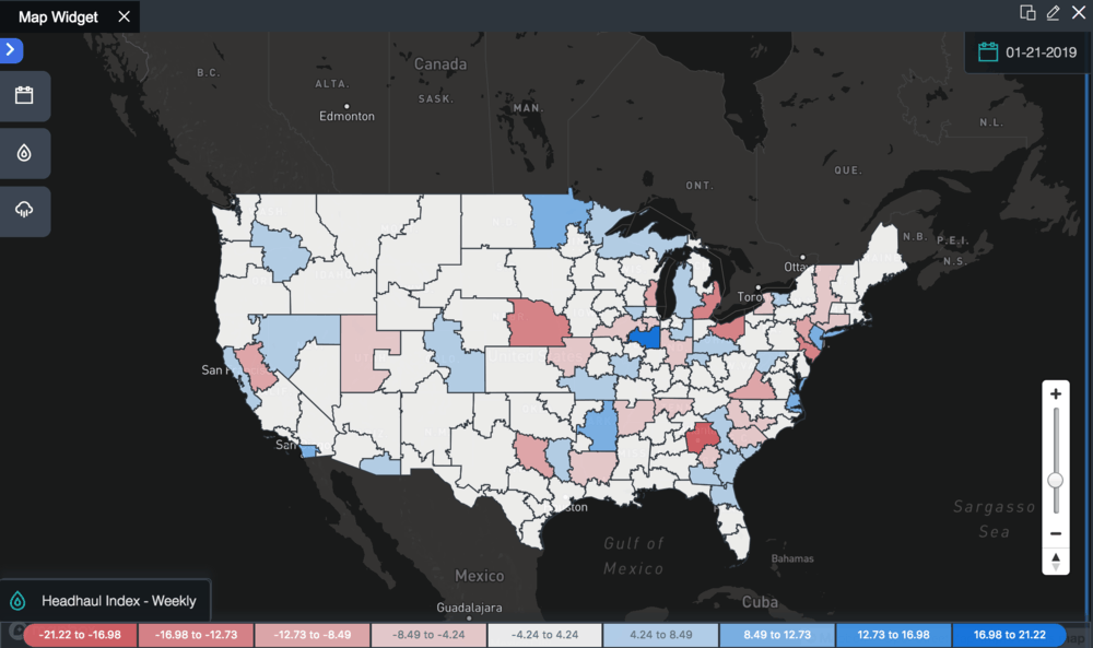  Blue indicates positive change in Headhaul; red indicates negative change. ( Map: FreightWaves SONAR ) 