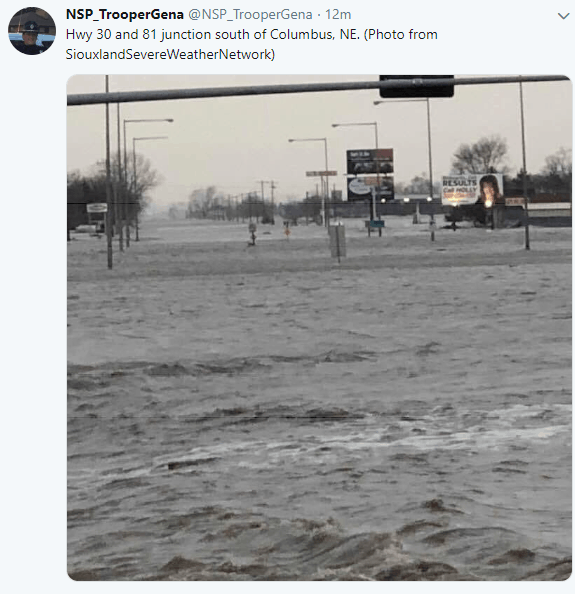 Major flooding in Columbus, Nebraska on March 14, 2019.