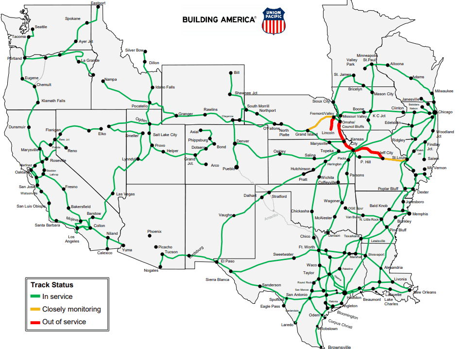  Union Pacific track status as of March 26, 2019. 