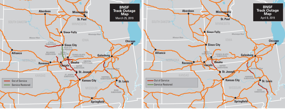  BNSF rail outages: March 25, 2019 (left), April 9, 2019 (right) 