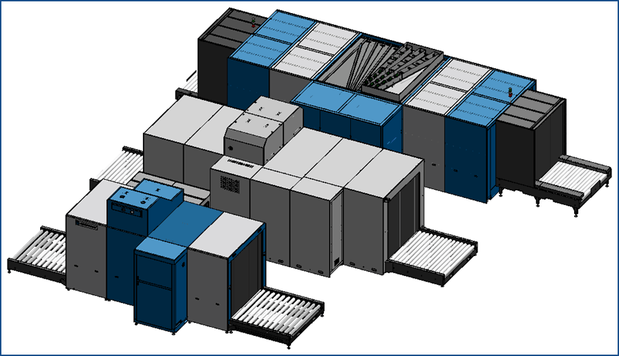  Size comparison for two different dual-view X-ray units (Astrophysics XIS-1818DV-200kV and XIS-1818DV-320kV) and one multi-view Astrophysics MVCT scanner (450kV generator)  IMAGE COURTESY oF Astrophysics 