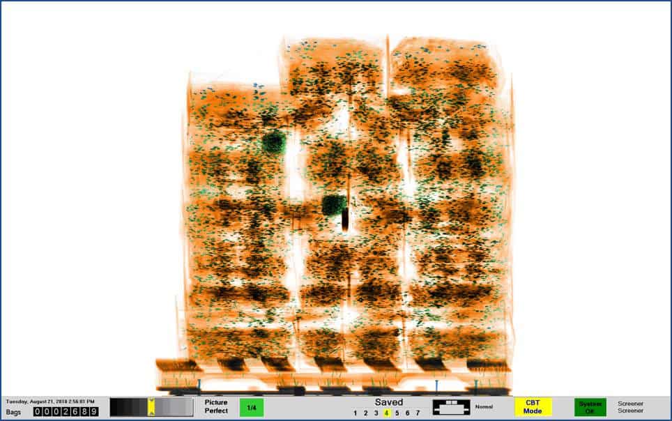  X-ray image of a wooden skid containing boxes of clothing. Note the nails in the wood.  IMAGE COURTESY OF Astrophysics 