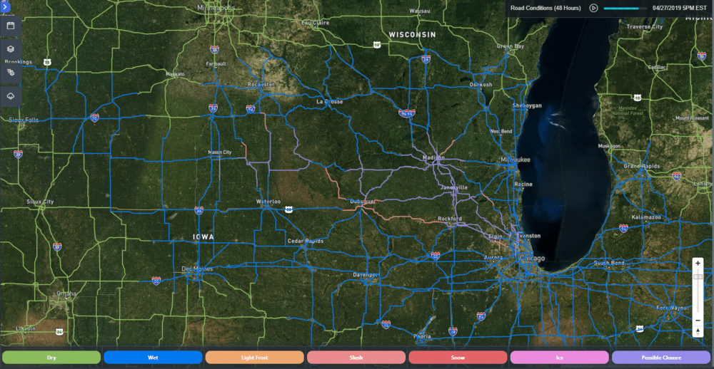 SONAR Road Conditions: Saturday, April 27, 2019 at 5:00 p.m. EDT. Many roads in the path of the winter storm shown as wet, slushy or possibly closed.