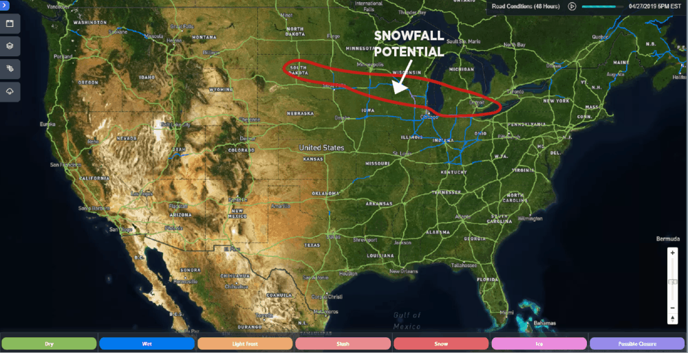  SONAR Road Conditions: Saturday, April 27, 2019 at 5:00 p.m. EDT. Estimated region of snowfall Saturday morning through Saturday night outlined in red. 