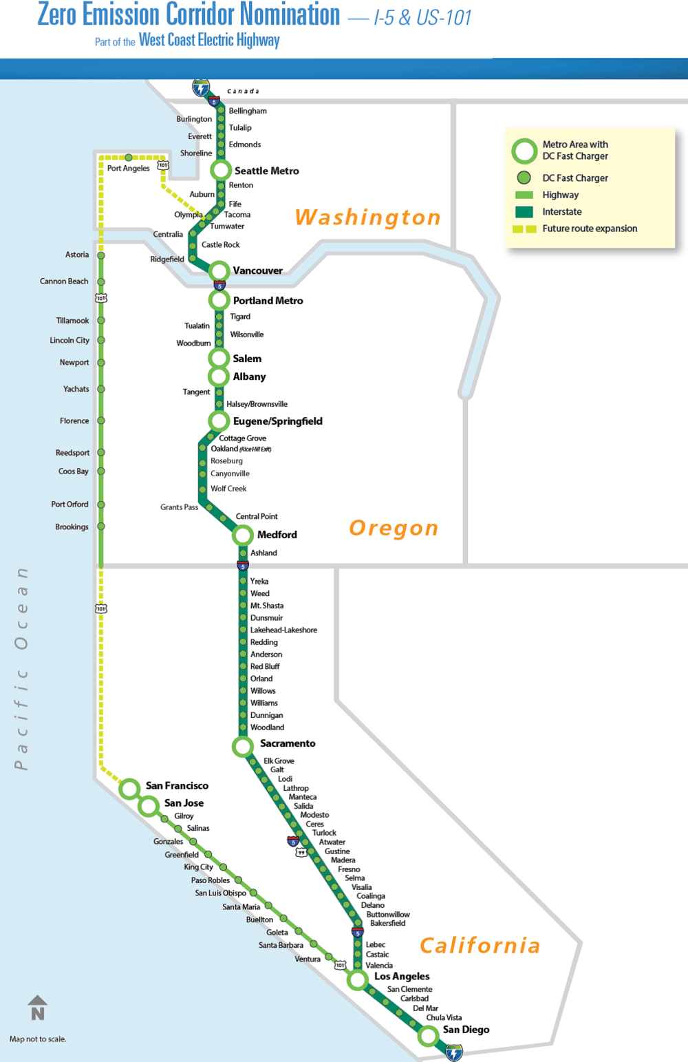  Potential sites for truck fast-charging stations along I-5 and state highways. (Source: WCCT) 