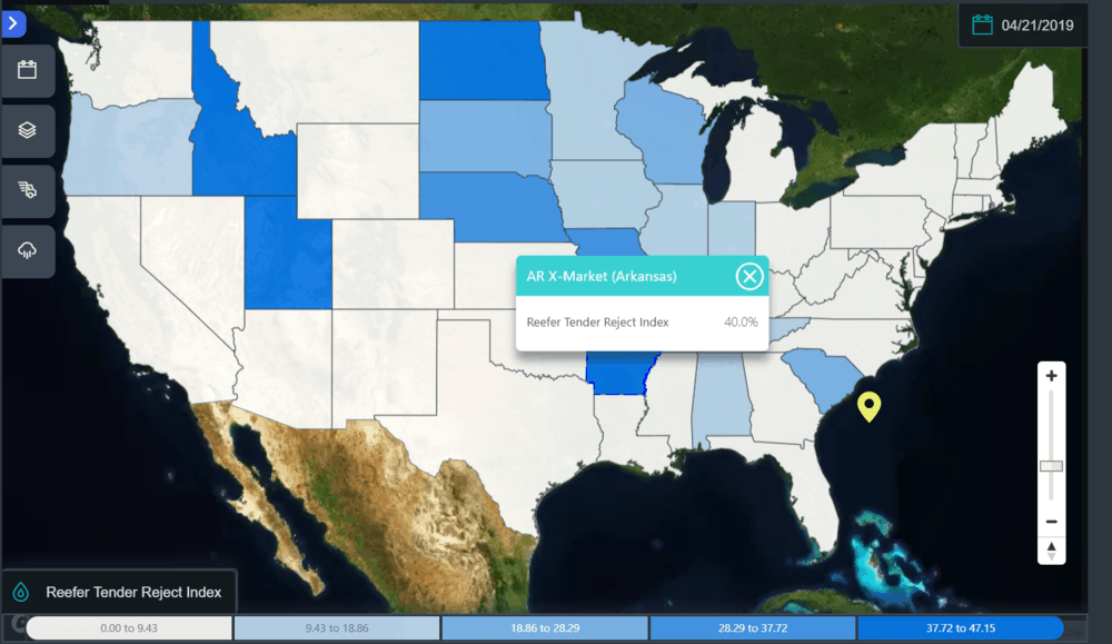  SONAR heat map of reefer tender rejection rates organized by state. 