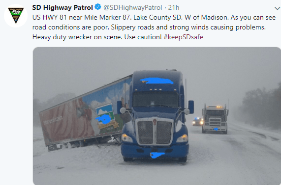  Tractor-trailer wreck on US-81 in South Dakota during a major snowstorm on Thursday, April 11, 2019. 