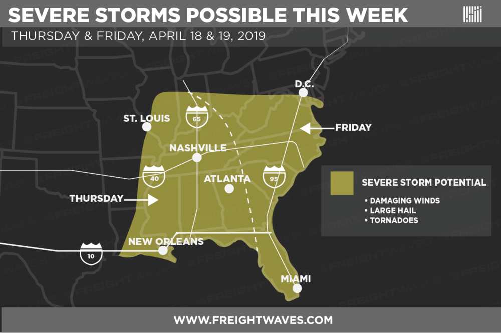 Estimated areas of potential severe storms this week.
