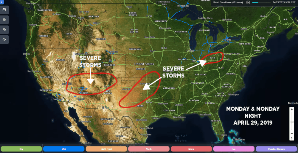  SONAR Road Conditions: April 29, 2019, 5:00 p.m. EDT. Estimated areas of severe storm potential for April 29 outlined in red. 