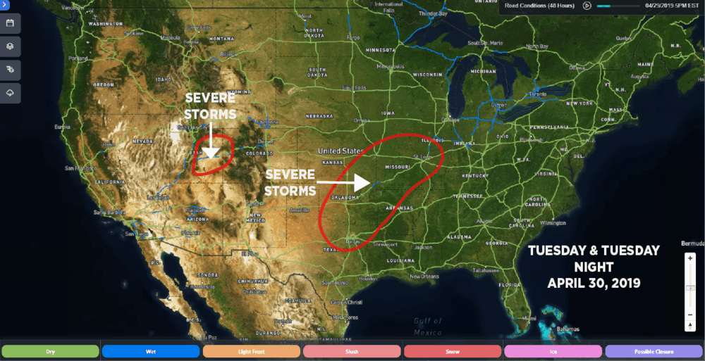  SONAR Road Conditions: April 29, 2019, 5:00 p.m. EDT. Estimated areas of severe storm potential for April 30, 2019 outlined in red. 
