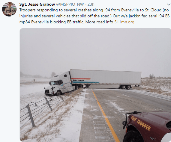  Tractor-trailer wreck on I-94 in Minnesota during a major snowstorm on Thursday, April 11, 2019. 