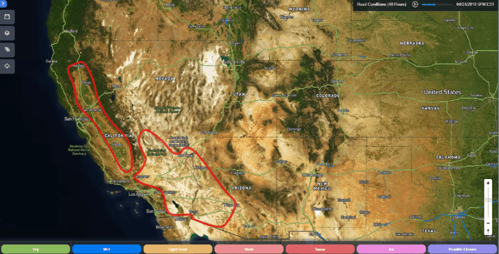 SONAR Road Conditions: Wednesday, April 24, 2019 at 5:00 p.m. EDT. Regions of above-normal heat are outlined in red.