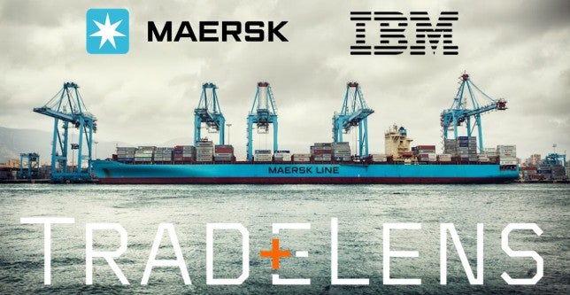 TradeLens is an open and neutral industry platform underpinned by blockchain technology.  Photo of Maersk Line ship with words Maersk, IBM and TradeLens.