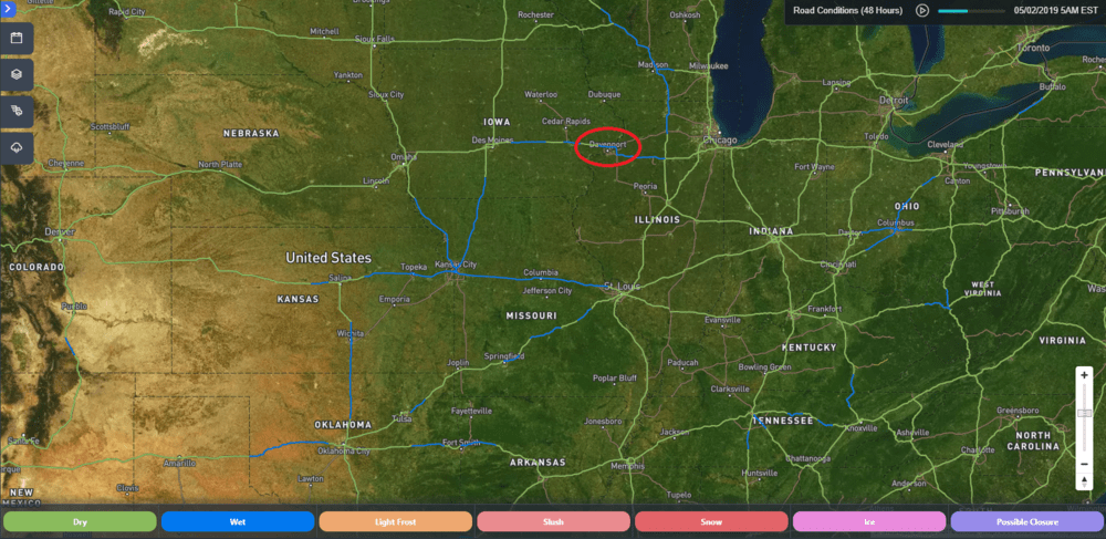  SONAR Road Conditions: 5:00 a.m. EDT, May 2, 2019. Many wet roads likely (colored in blue) as rain is forecast to return to the Midwest region. (Davenport, Iowa circled in red) 