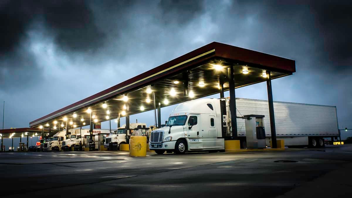 Trucks loading up on diesel. (Photo credit: Jim Allen/FreightWaves)