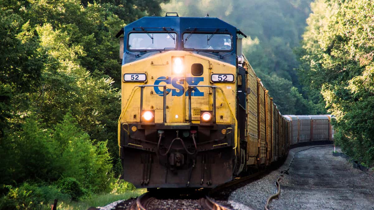 A train travels on a track that has trees on either side.