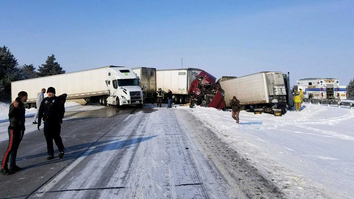 Tractor-trailer accident on a snowy Nebraska highway.